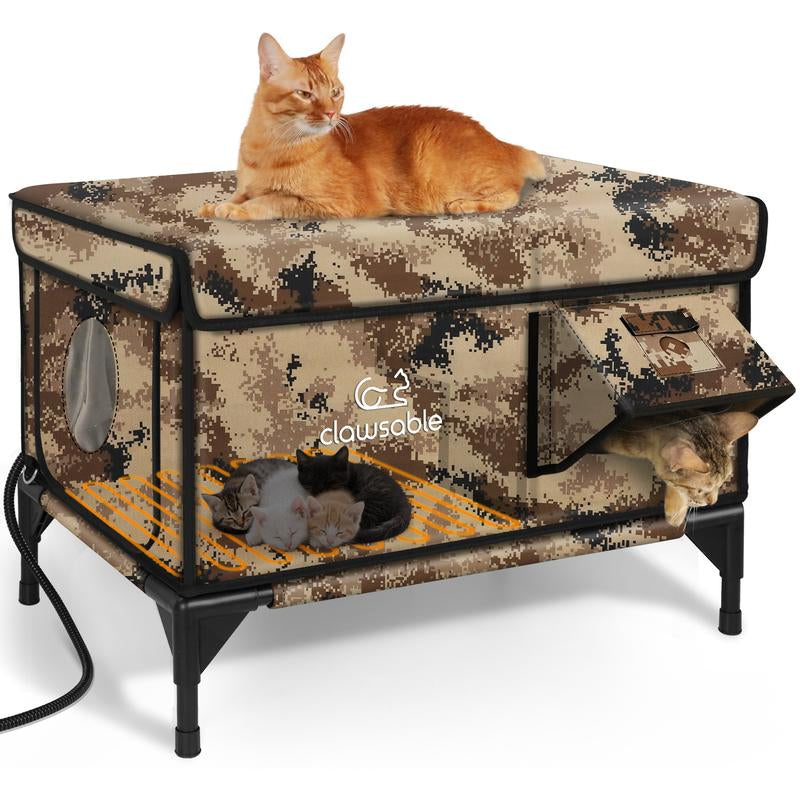 Clawsable Indestructible Heated Cat House for Outdoor Winter, 100% Waterproof, Safe Escape Door, Fully Insulated Outdoor Cat Shelter with Heater for Feral Barn Cats and Kittens