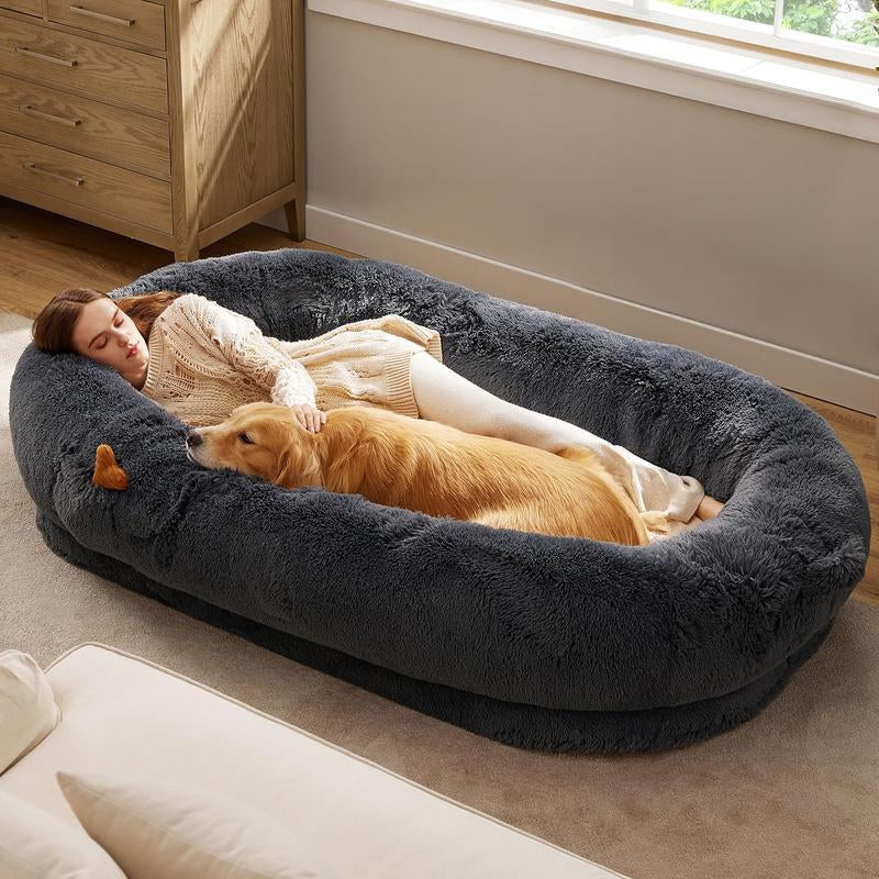 Lesure Luxury Warm Foldable 3-In-1 Flexible Giant Human Dog Bed Cozy Fluffy Faux Fur Lounge Sofa with Supportive Bolster Egg Foam Soft Plush Calming Orthopedic Bed for Winter Comfort Classic Lounge Sofa Options Tiktokshopblackfriday Choice