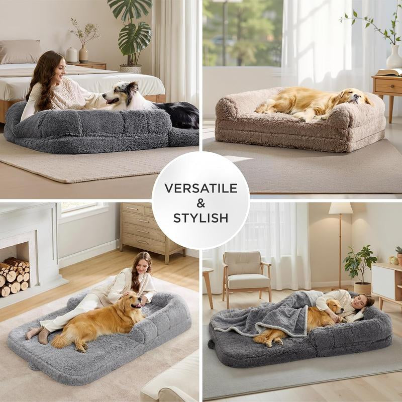 Lesure Luxury Warm Foldable 3-In-1 Flexible Giant Human Dog Bed Cozy Fluffy Faux Fur Lounge Sofa with Supportive Bolster Egg Foam Soft Plush Calming Orthopedic Bed for Winter Comfort Classic Lounge Sofa Options Tiktokshopblackfriday Choice