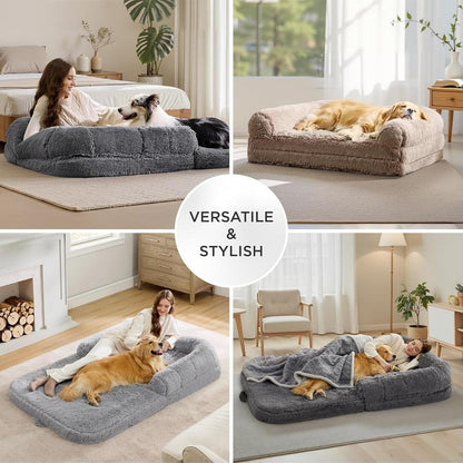 Lesure Luxury Warm Foldable 3-In-1 Flexible Giant Human Dog Bed Cozy Fluffy Faux Fur Lounge Sofa with Supportive Bolster Egg Foam Soft Plush Calming Orthopedic Bed for Winter Comfort Classic Lounge Sofa Options Tiktokshopblackfriday Choice