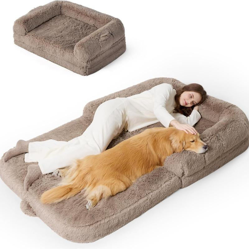 Lesure Luxury Warm Foldable 3-In-1 Flexible Giant Human Dog Bed Cozy Fluffy Faux Fur Lounge Sofa with Supportive Bolster Egg Foam Soft Plush Calming Orthopedic Bed for Winter Comfort Classic Lounge Sofa Options Tiktokshopblackfriday Choice