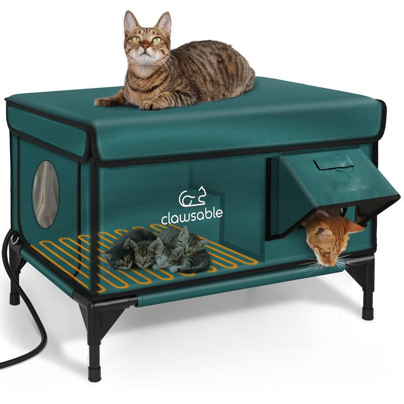 Clawsable Indestructible Heated Cat House for Outdoor Winter, 100% Waterproof, Safe Escape Door, Fully Insulated Outdoor Cat Shelter with Heater for Feral Barn Cats and Kittens