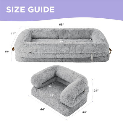 Lesure Luxury Warm Foldable 3-In-1 Flexible Giant Human Dog Bed Cozy Fluffy Faux Fur Lounge Sofa with Supportive Bolster Egg Foam Soft Plush Calming Orthopedic Bed for Winter Comfort Classic Lounge Sofa Options Tiktokshopblackfriday Choice