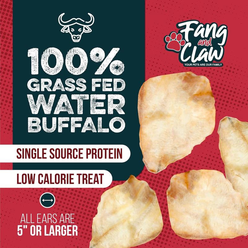 Fang & Claw Water Buffalo Ears for Dogs - 5-Inch Whole Ears, Long-Lasting Natural Dog Chews Healthy Pet High Protein Treats