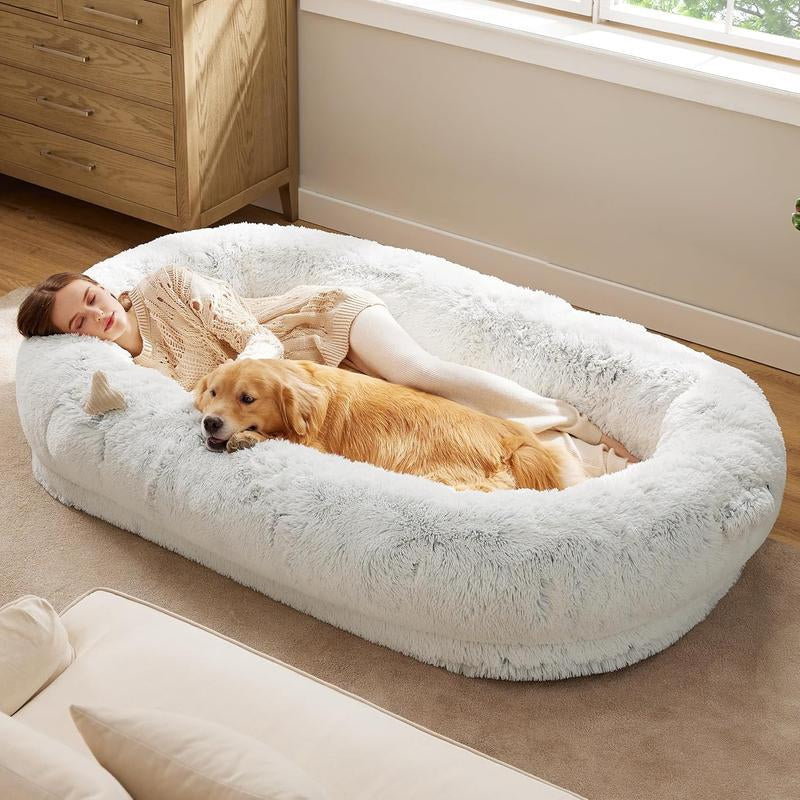 Lesure Luxury Warm Foldable 3-In-1 Flexible Giant Human Dog Bed Cozy Fluffy Faux Fur Lounge Sofa with Supportive Bolster Egg Foam Soft Plush Calming Orthopedic Bed for Winter Comfort Classic Lounge Sofa Options Tiktokshopblackfriday Choice
