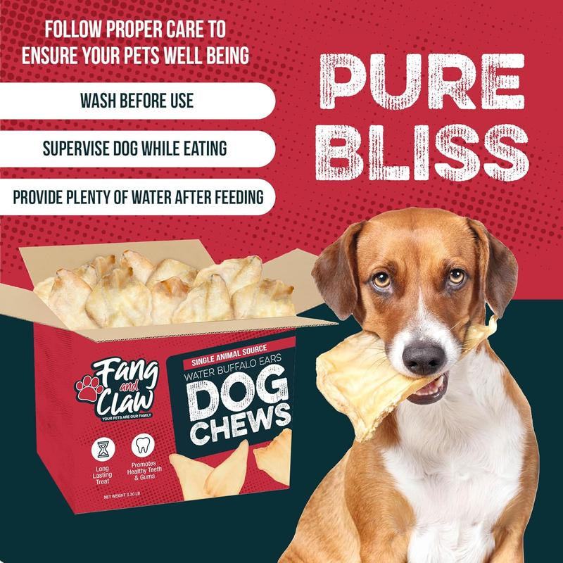 Fang & Claw Water Buffalo Ears for Dogs - 5-Inch Whole Ears, Long-Lasting Natural Dog Chews Healthy Pet High Protein Treats