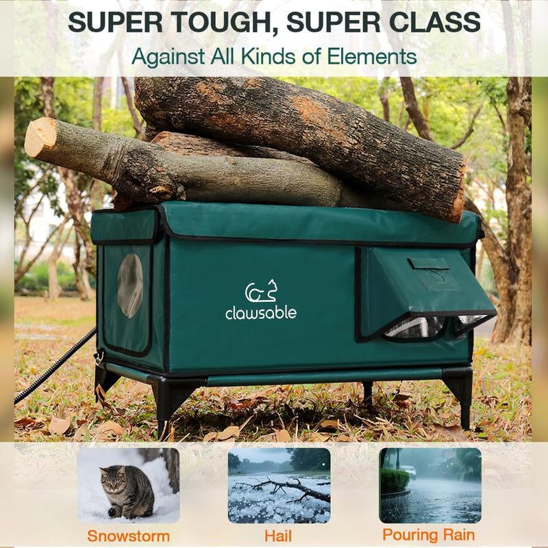 Clawsable Indestructible Heated Cat House for Outdoor Winter, 100% Waterproof, Safe Escape Door, Fully Insulated Outdoor Cat Shelter with Heater for Feral Barn Cats and Kittens