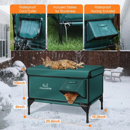 Clawsable Indestructible Heated Cat House for Outdoor Winter, 100% Waterproof, Safe Escape Door, Fully Insulated Outdoor Cat Shelter with Heater for Feral Barn Cats and Kittens