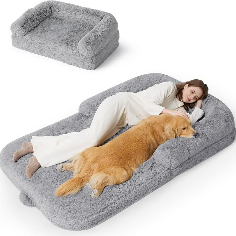Lesure Luxury Warm Foldable 3-In-1 Flexible Giant Human Dog Bed Cozy Fluffy Faux Fur Lounge Sofa with Supportive Bolster Egg Foam Soft Plush Calming Orthopedic Bed for Winter Comfort Classic Lounge Sofa Options Tiktokshopblackfriday Choice