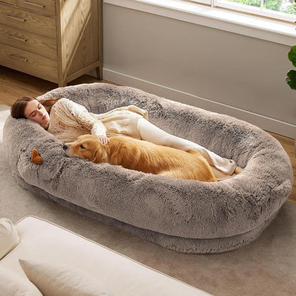 Lesure Luxury Warm Foldable 3-In-1 Flexible Giant Human Dog Bed Cozy Fluffy Faux Fur Lounge Sofa with Supportive Bolster Egg Foam Soft Plush Calming Orthopedic Bed for Winter Comfort Classic Lounge Sofa Options Tiktokshopblackfriday Choice