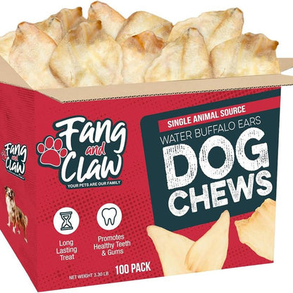 Fang & Claw Water Buffalo Ears for Dogs - 5-Inch Whole Ears, Long-Lasting Natural Dog Chews Healthy Pet High Protein Treats